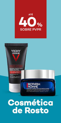 Cosm&eacute;tica Rosto Homem com destaque promocional de at&eacute; 40% sobre pre&ccedil;o de Venda ao P&uacute;blico Recomendado